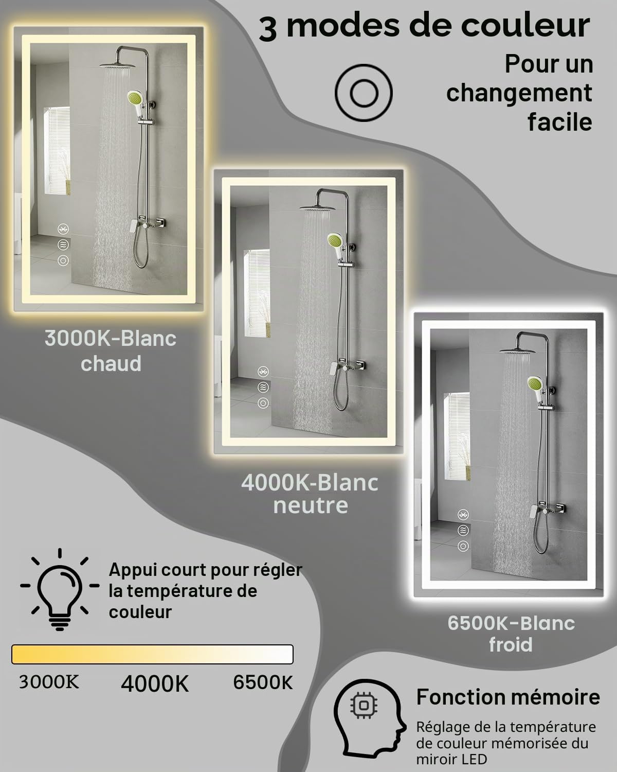Miroir de salle de bain, LED, 40 x 60 cm, avec éclairage et interrupteur tactile Bluetooth, à intensité variable, couleur de la lumière 3 températures de couleur, anti-buée, avec lumière