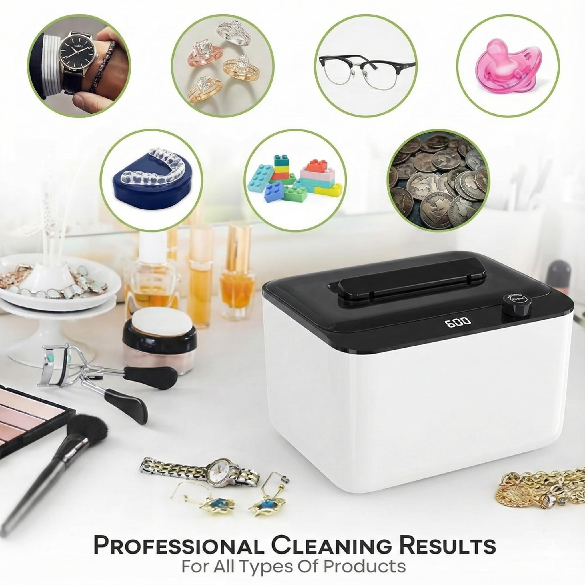 Limpiador ultrasónico, limpiador ultrasónico de joyas de 45 kHz, limpiador dental para joyas, anillos, lentes, correa de reloj, máquina de limpieza de dentaduras postizas con 6 modos de tiempo