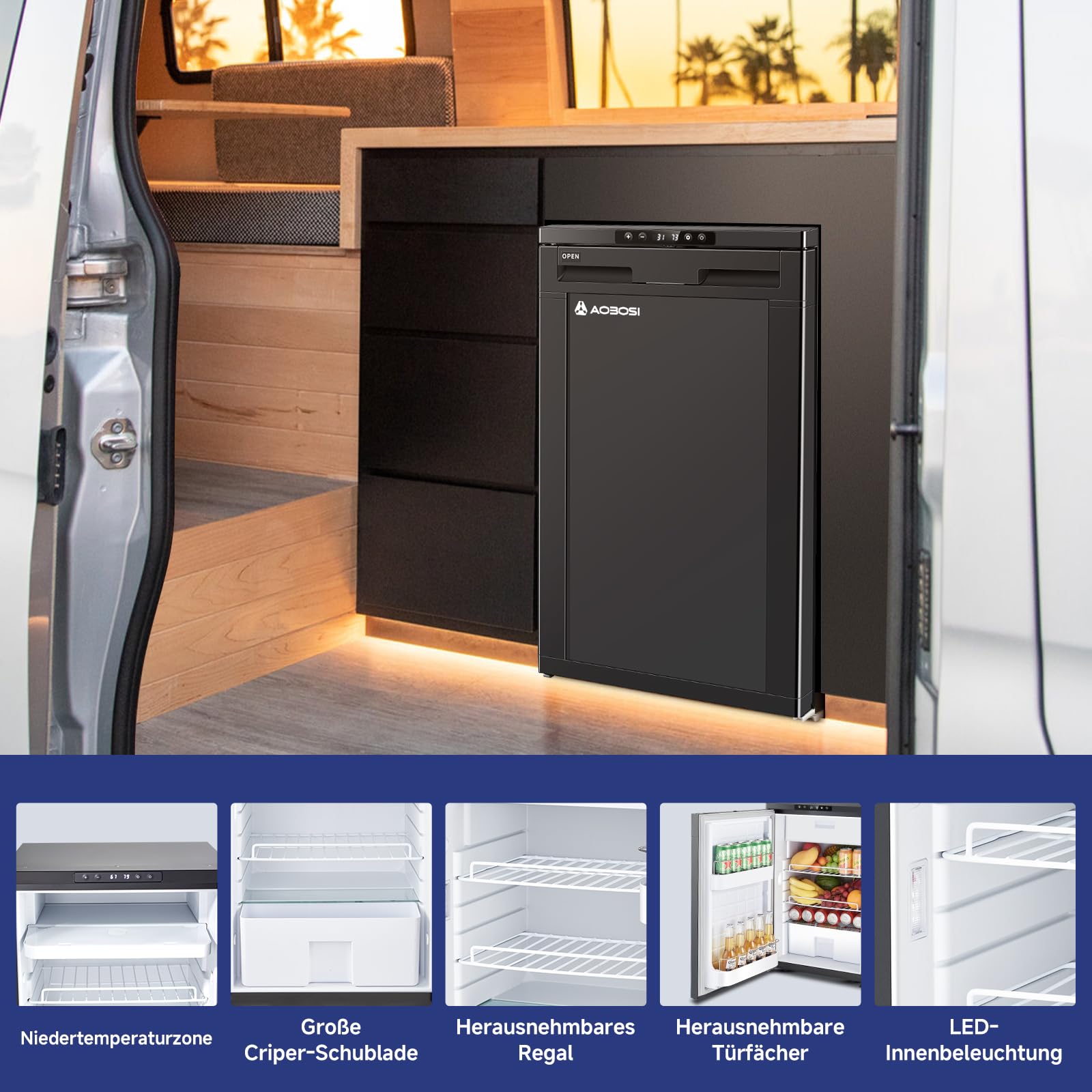 AAOBOSI 83L Kompressor Kühlbox, Wohnmobil Kühlschrank mit APP-Steuerung, 12/24V DC, Kühlbox Auto mit LED-Leuchten, bis -20℃ Kompressor Kühlschrank für Auto, LKW, Boot, Reisemobil, Camping und Reisen
