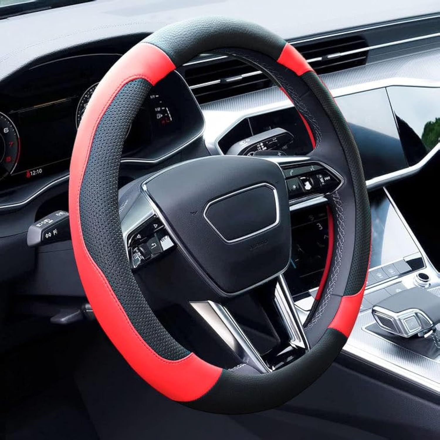 Xizopucy Black and Red Steering Wheel Cover Microfiber Leather Sporty Car Accessories for Men and Women,Breathable Non-Slip Universal Fit 14 1/2-15 Inch