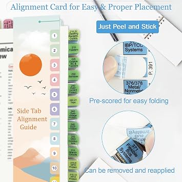 Index Tabs for 2023 NEC (Book not Included), Top + Side Electrical Code Tabs, Bright Printed with Blank Tabs, Color-Coded and Laminated, with Wire Chart & 2 Ohm's Law Stickers & Page Numbers