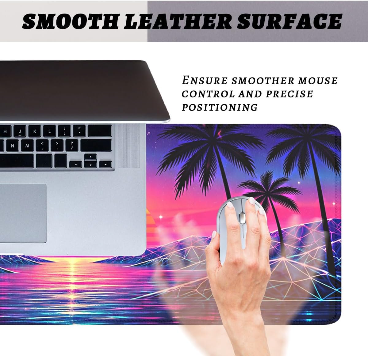 Retro Sunset Mouse Pad, Vaporwave Palm Beach Gaming Desk Mat with Stitched Edges,Non-Slip Waterproof Rubber Base Mouse Mat, 31.5x11.8in Mouse Pads for Desk Home Office Gaming image 3