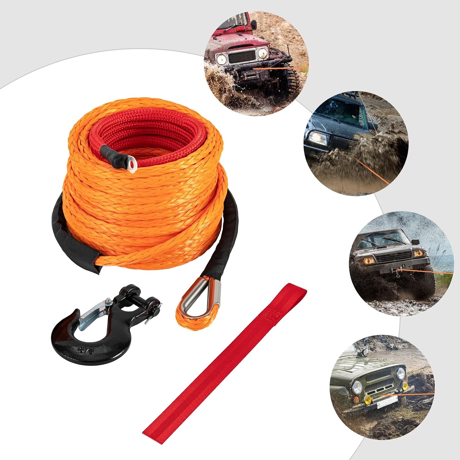 Winch Cable Synthetic Winch Rope 19,854 LBS, with Hook with Protective Sleeve, Car Tow Recovery Cable, for 4WD Off-Road Vehicle Truck ATV UTV SUV Breaking Strength (3/8" x60 Orange)