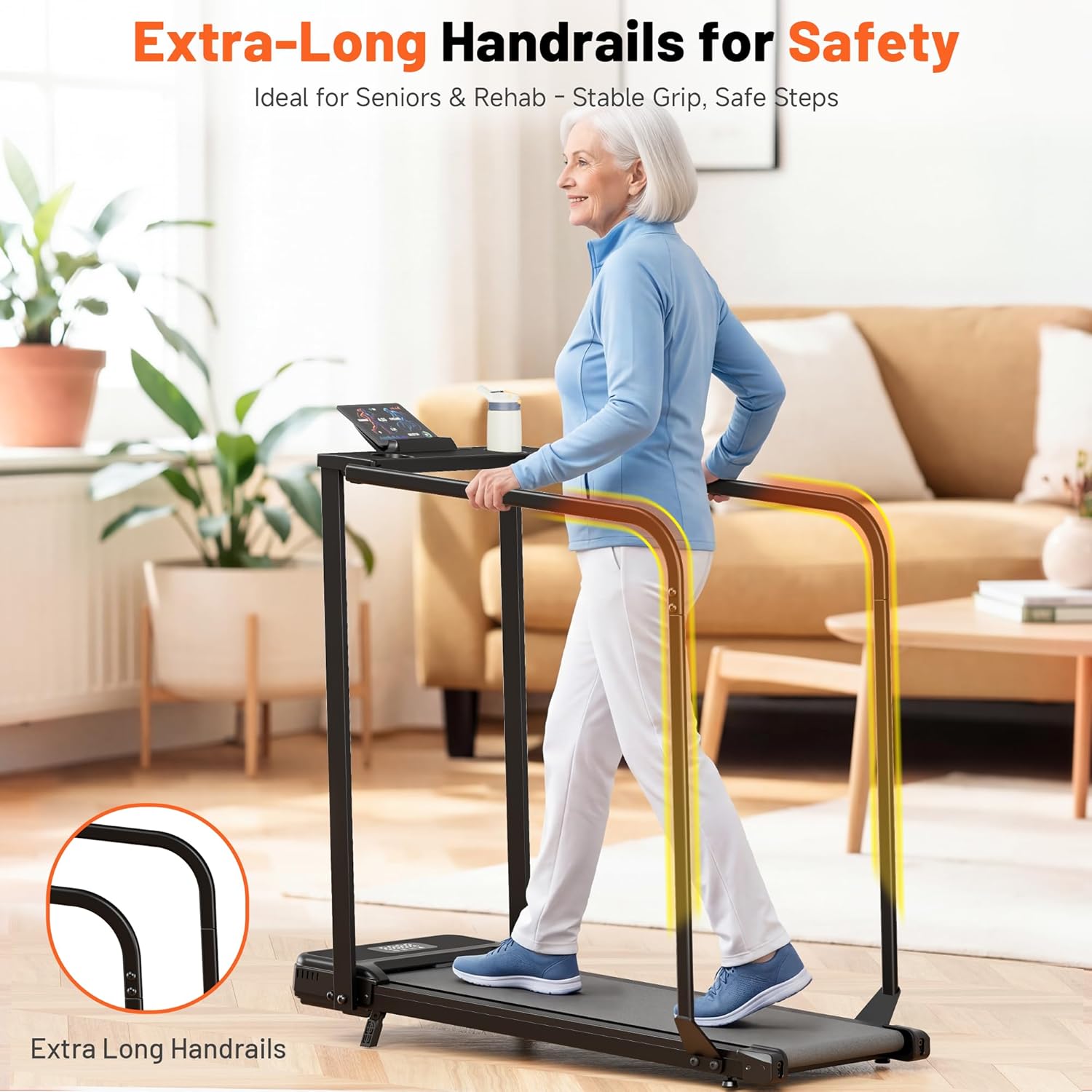 FUNMILY Walking Pad with Long Handrails for Seniors - Compact Treadmill with Incline for Home, Recovery Machine with Wheels, Remote Control, LED Display, Cup & Phone Holder