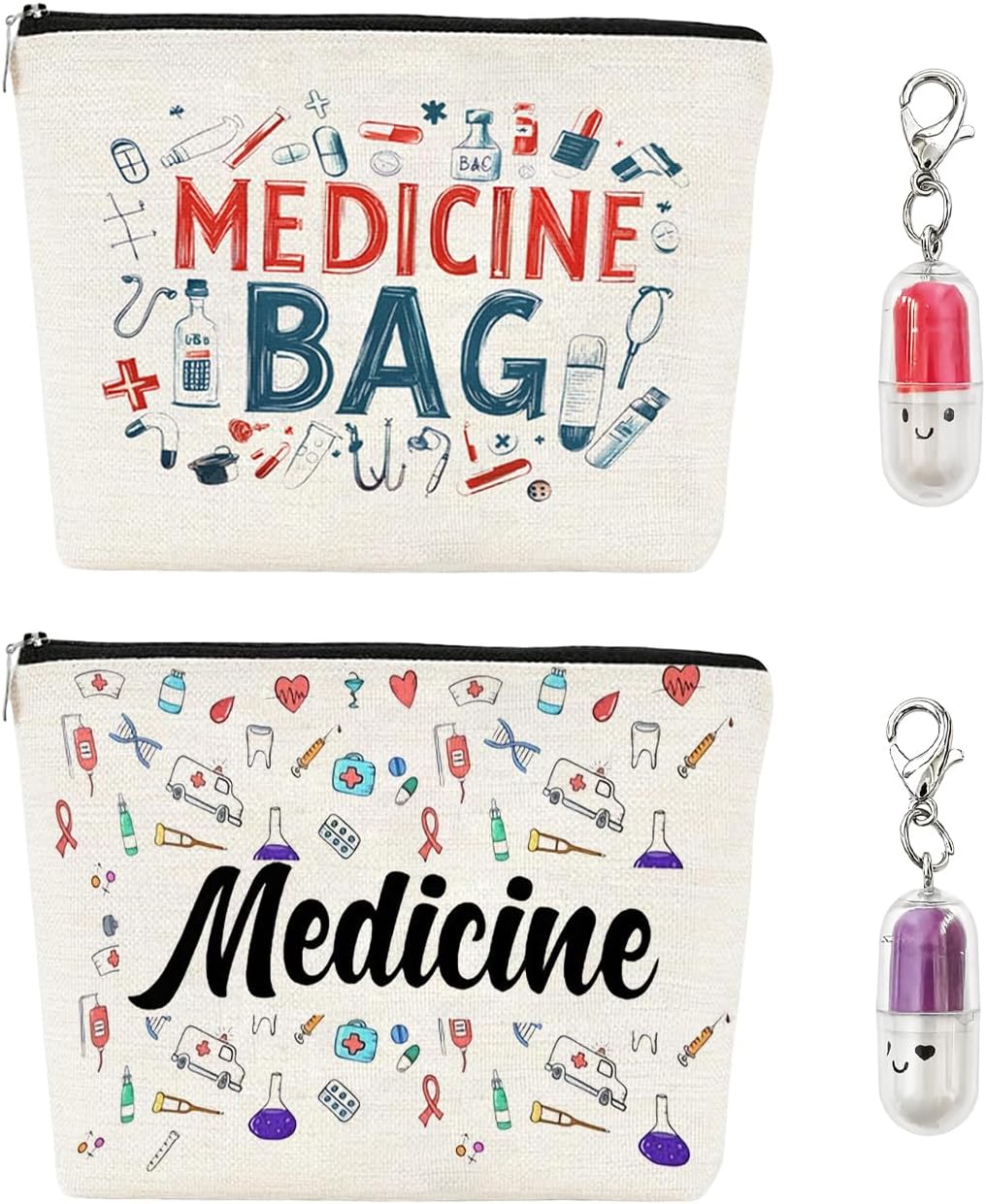 2 Portable Medicine Bags and 2 Small Pill Labels, Travel Wash Bags, Emergency Medication to Take With You, Convenient Large Capacity Clutch Bag