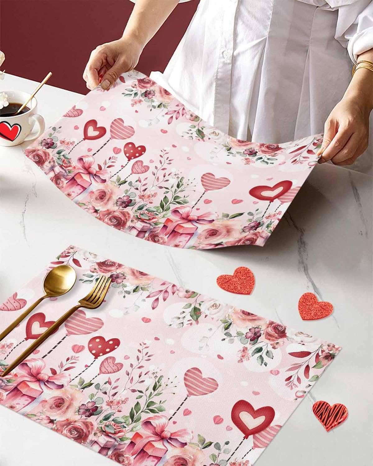 Valentines Placemats Eucalyptus Leaves Heart Flowers Valentines Day Place Mats for Dining Room Gift Rose Washable Table Mats for Kitchen Dining Decorations Set of 6