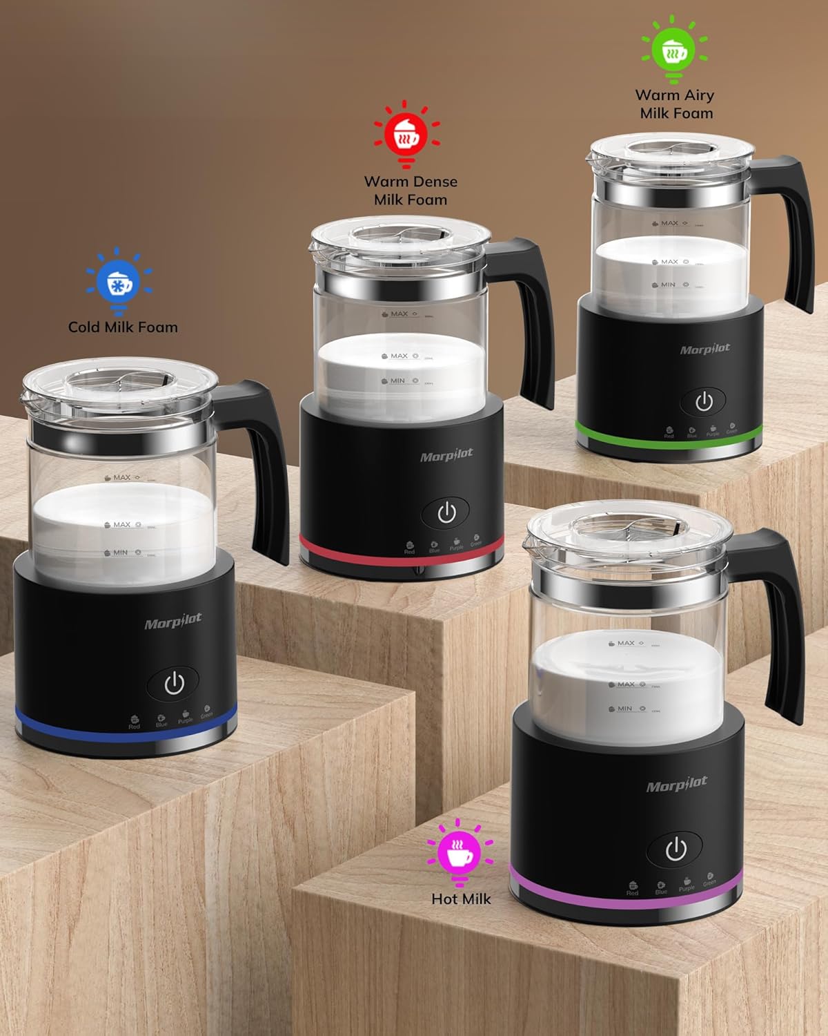 Morpilot Milk Frother showing different indicator light colors for each function: Red for Warm Dense Milk Foam, Blue for Cold Milk Foam, Purple for Hot Milk, and Green for Warm Airy Milk Foam.