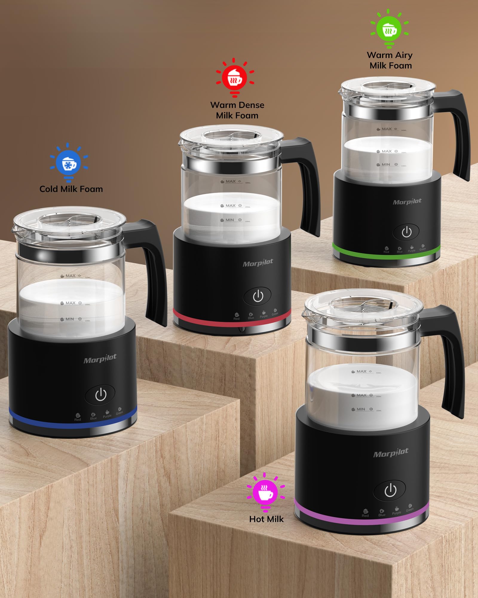 Milk Frother, Morpilot Montalatte Elettrico in Vetro, 4 in 1 Funzione, Bello da Vedere, Capacità 250ml per Schiumare o 500 ml per Riscaldare, Design Diviso, Nero