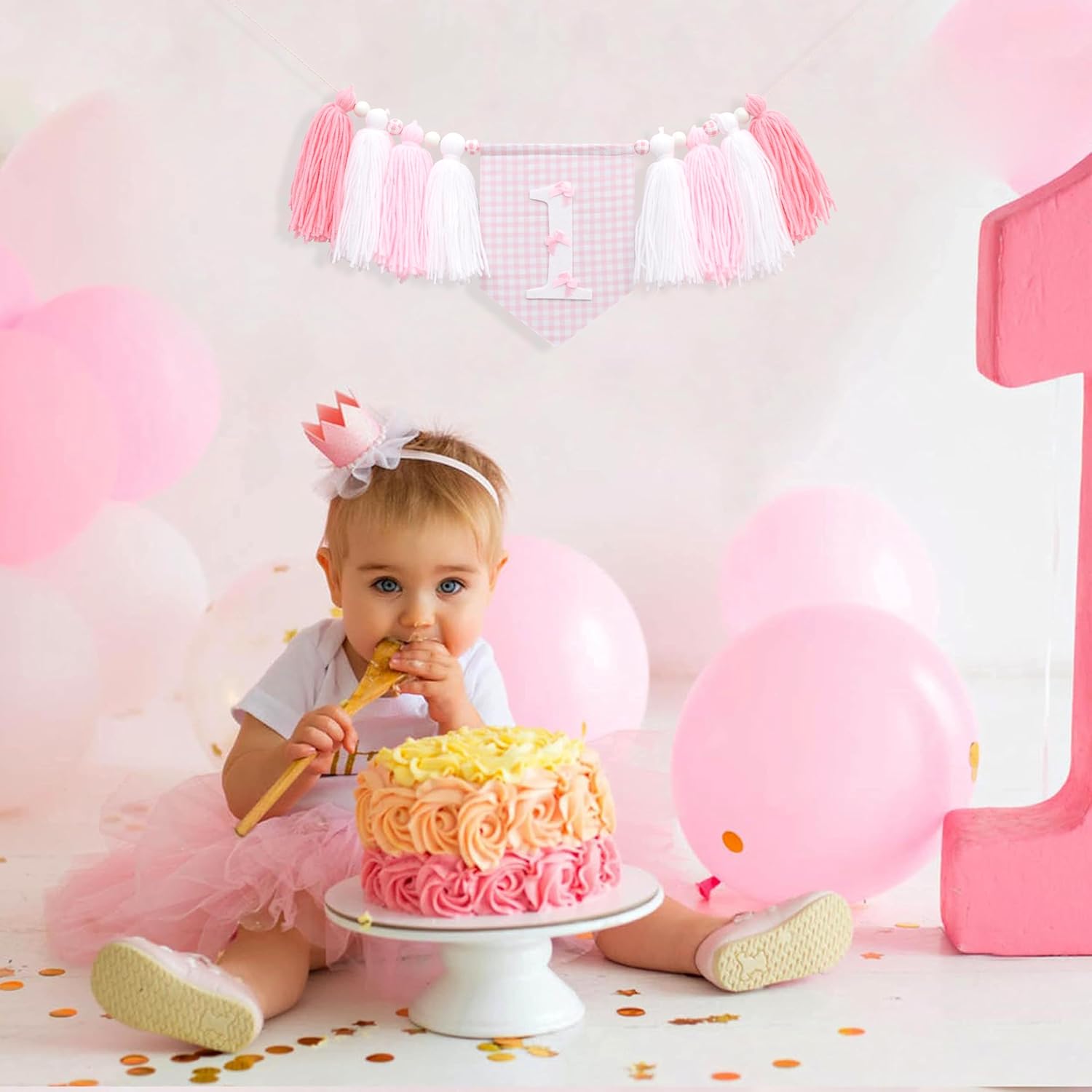 Pink Bow 1st Birhday High Chair Banner for Girls - Pink and White Gingham Tassel Highchair Banner, Coquette Girl 1st Birthday Decor, Girls Just Wanna Be One Bday Decorations - Image 6