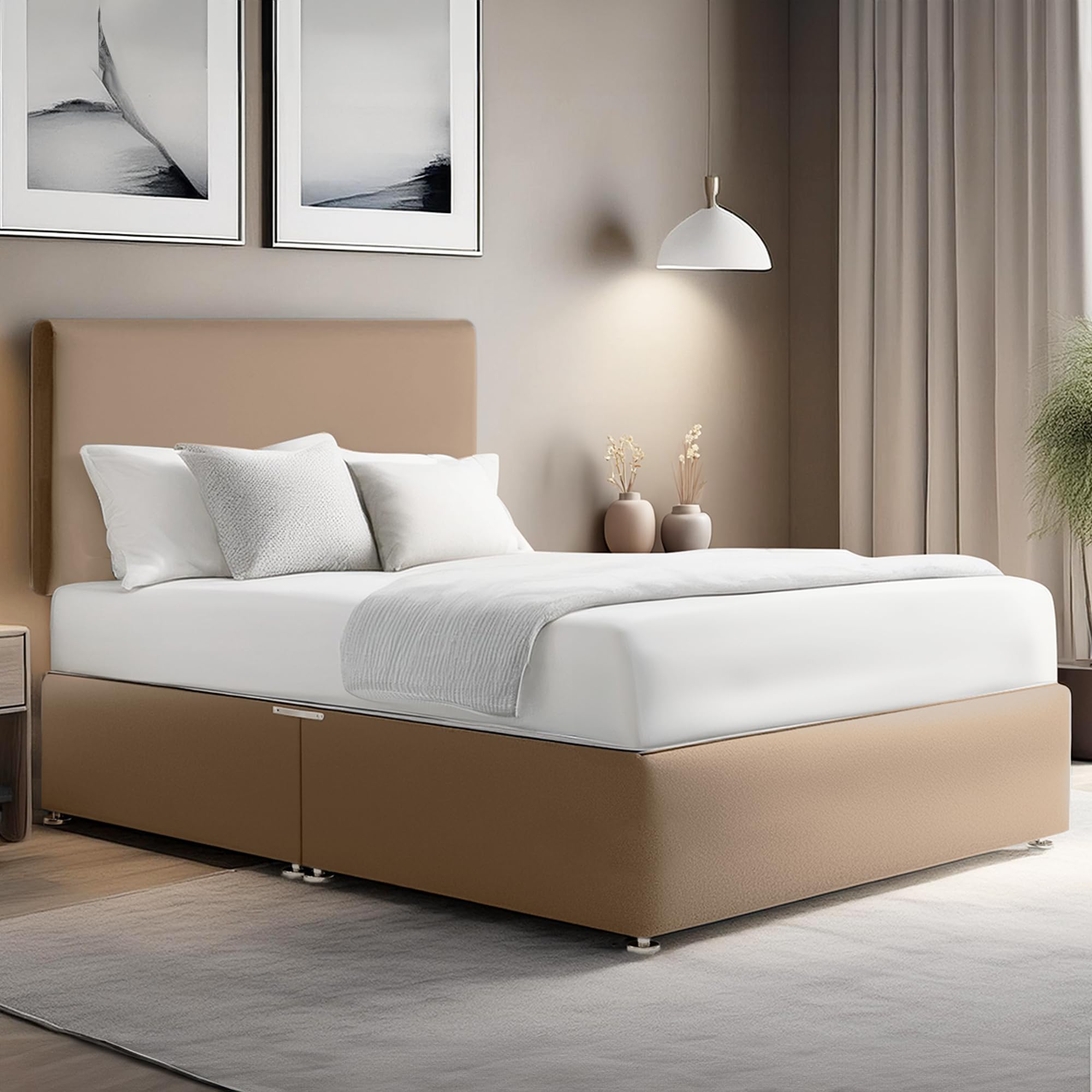 ComfoRest - Elegant and Sturdy 4FT6 Double Bed | Comfortable Divan Bed with Plain Headboard | Durable Divan Bed Base | Stylish Double Bed and Mattress Included for Any Room (Mink Plush)