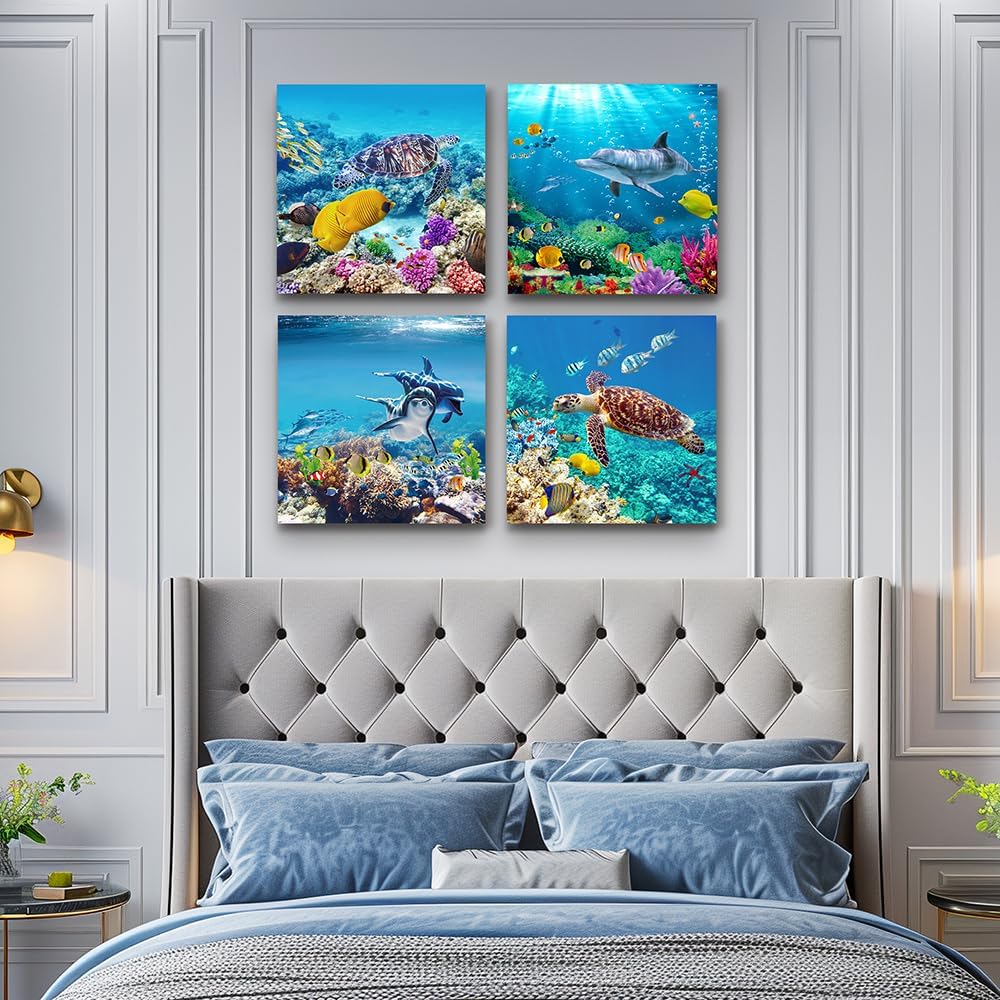 MHARTK66 Canvas Wall Art - Coral and Fish Modern Home Decor Stretched and Framed Ready to Hang Ocean Theme Sea fish and sea turtles Mediterranean Style Canvas Prints The bathroom wall decor- 4 Panels