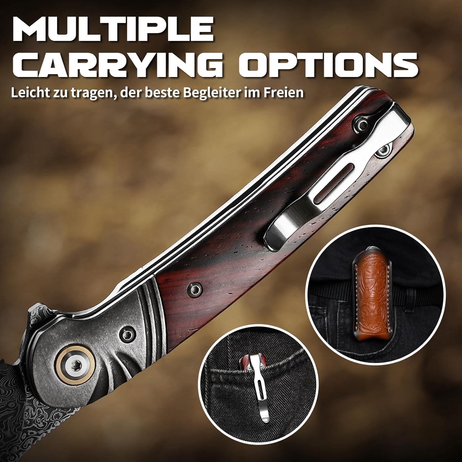 Omesio Cuchillo Plegable de Damasco 67 Capas con Núcleo VG10 – Navaja EDC de Bolsillo con Clip, Hoja Afilada y Funda de Cuero, Ideal para Camping, Outdoor y Uso Diario