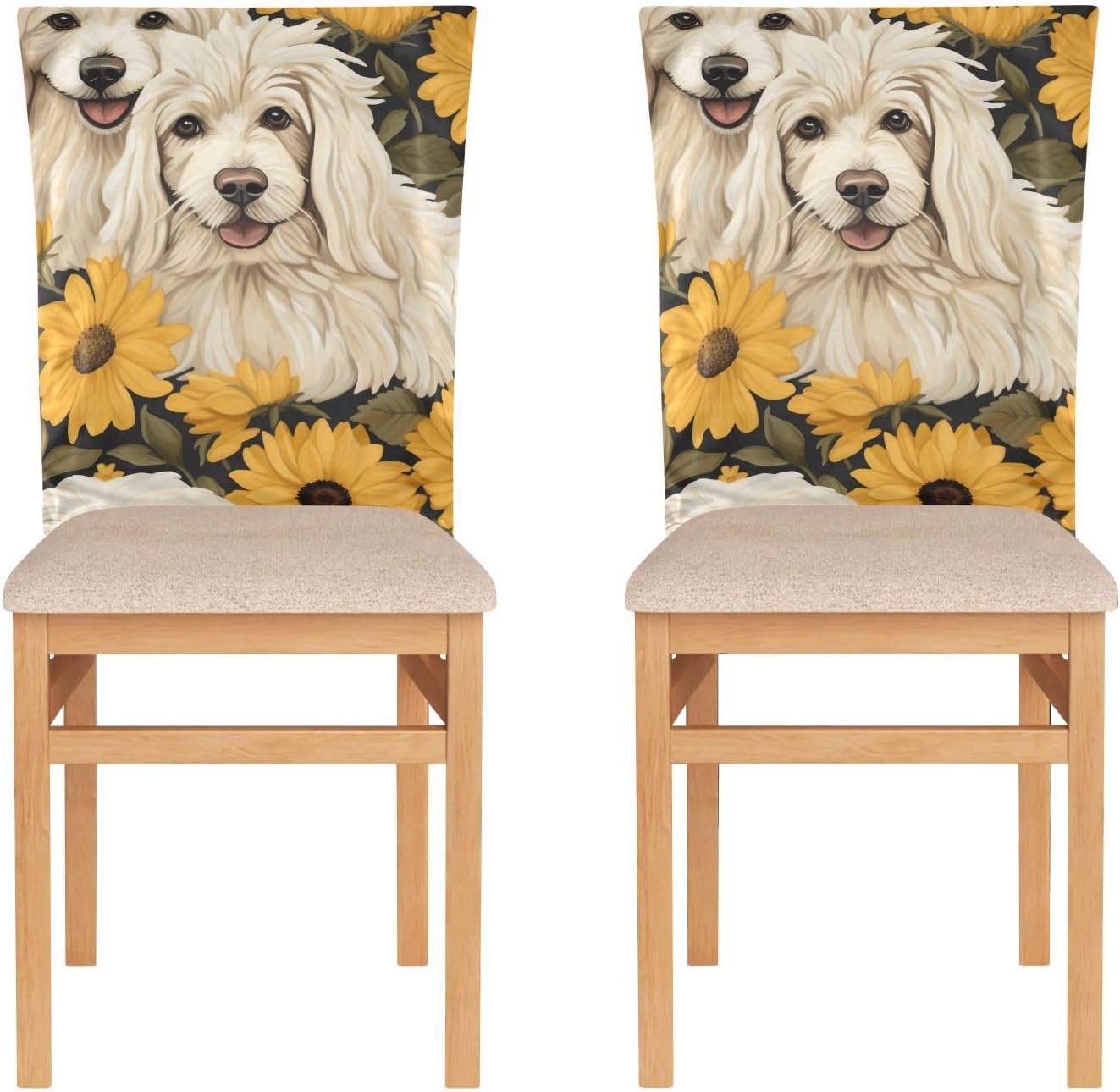 ALAZA Dogs Yellow Flowers Chair Back Cover Set of 6, Washable Reusable Removable Chair Slipcovers Decorative Chair Cover for Home Kitchen Wedding Party