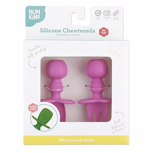 Miniatura 7 de Bumkins - Juego de utensilios de masticables de silicona, tenedor y cuchara para bebé, utensilios de entrenamiento, etapa de destete, Bumkins, bebé,