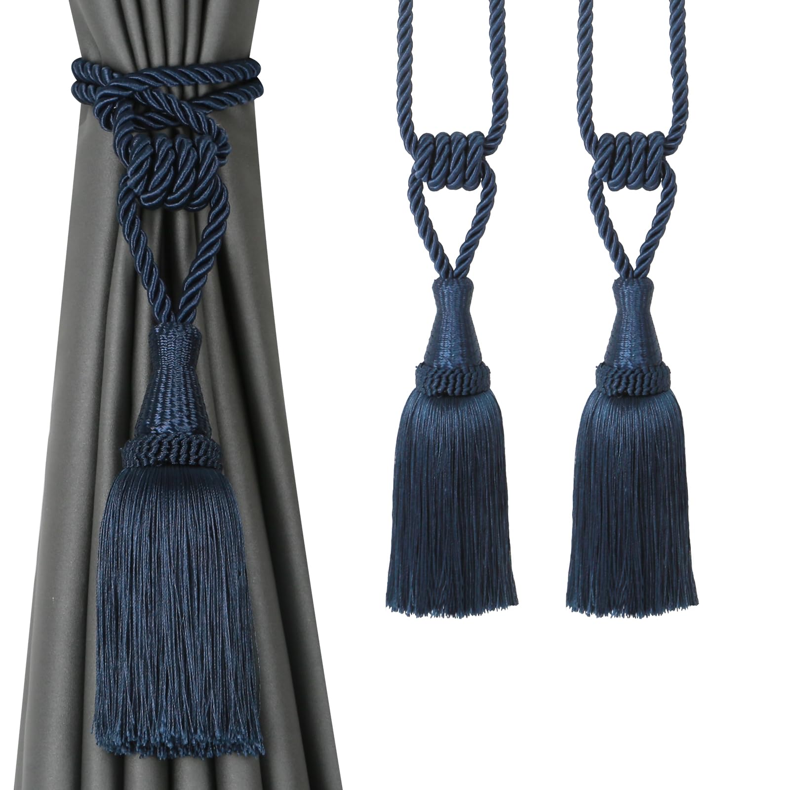 Tassel Curtain Tiebacks， Braided Rope Curtain Tiebacks With Tassels Multicolor 2/4 Packs(Navy,2 Pack)