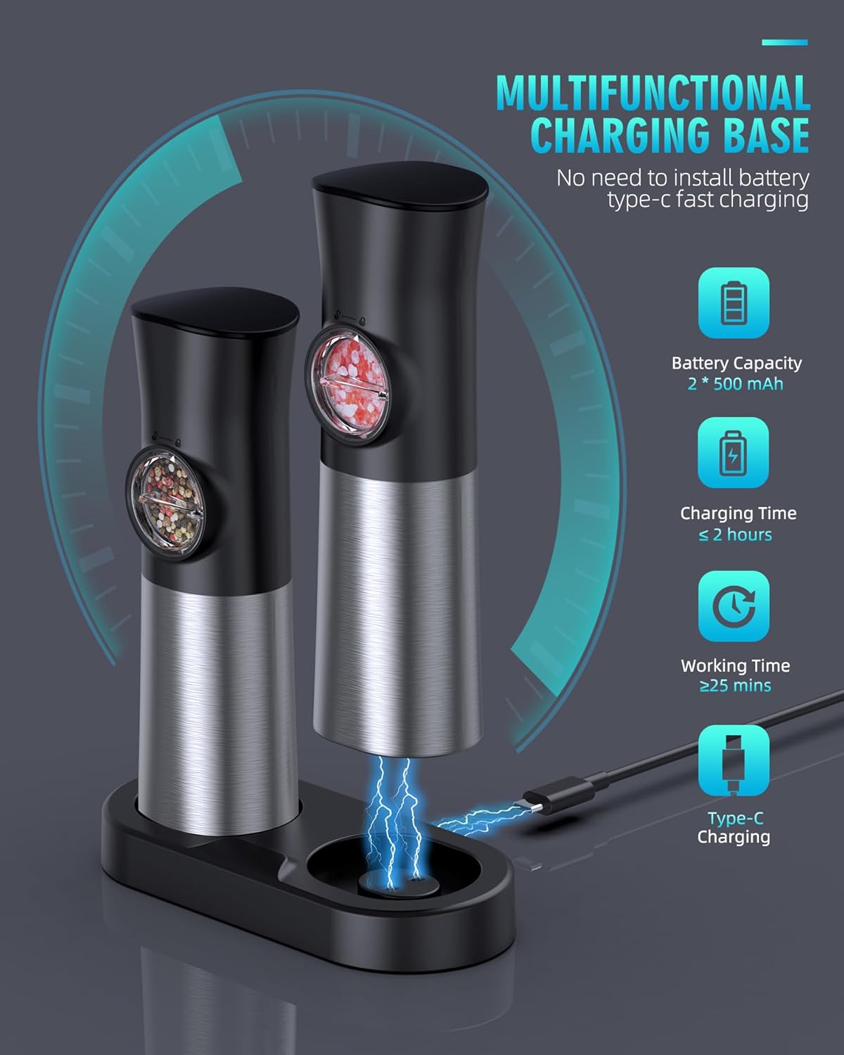 EVANLAN-Salt-and-Pepper-Grinder-Set - 𝐔𝐩𝐠𝐫𝐚𝐝𝐞𝐝 Large Capacity USB Rechargeable Automatic Pepper Mill Grinder Adjustable Coarseness One Hand Operated Stainless Steel