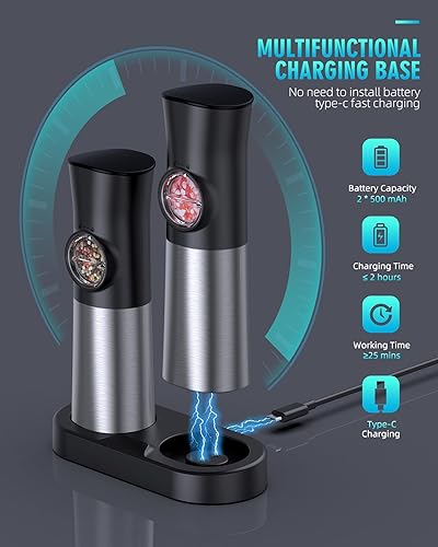 Miniatura 2 de Gravity - Juego de molinillo eléctrico de sal y pimienta, amoladora automática recargable por USB, gran capacidad, finura ajustable, operación con