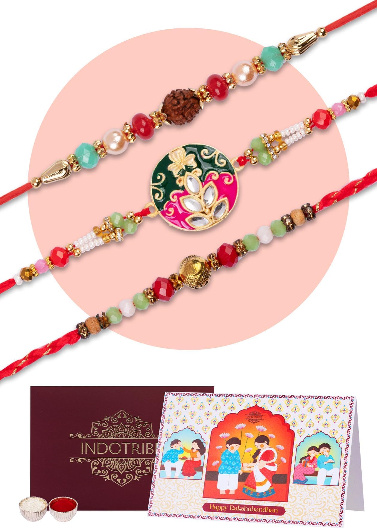 IndoTribeRakhi For Brother with Card - Raksha Bandhan Rakhi | Rakhis for Rakshabandhan | Bhaiya Bhabhi Rakhi Set for Brother | Rakhi Bracelet for Sister
