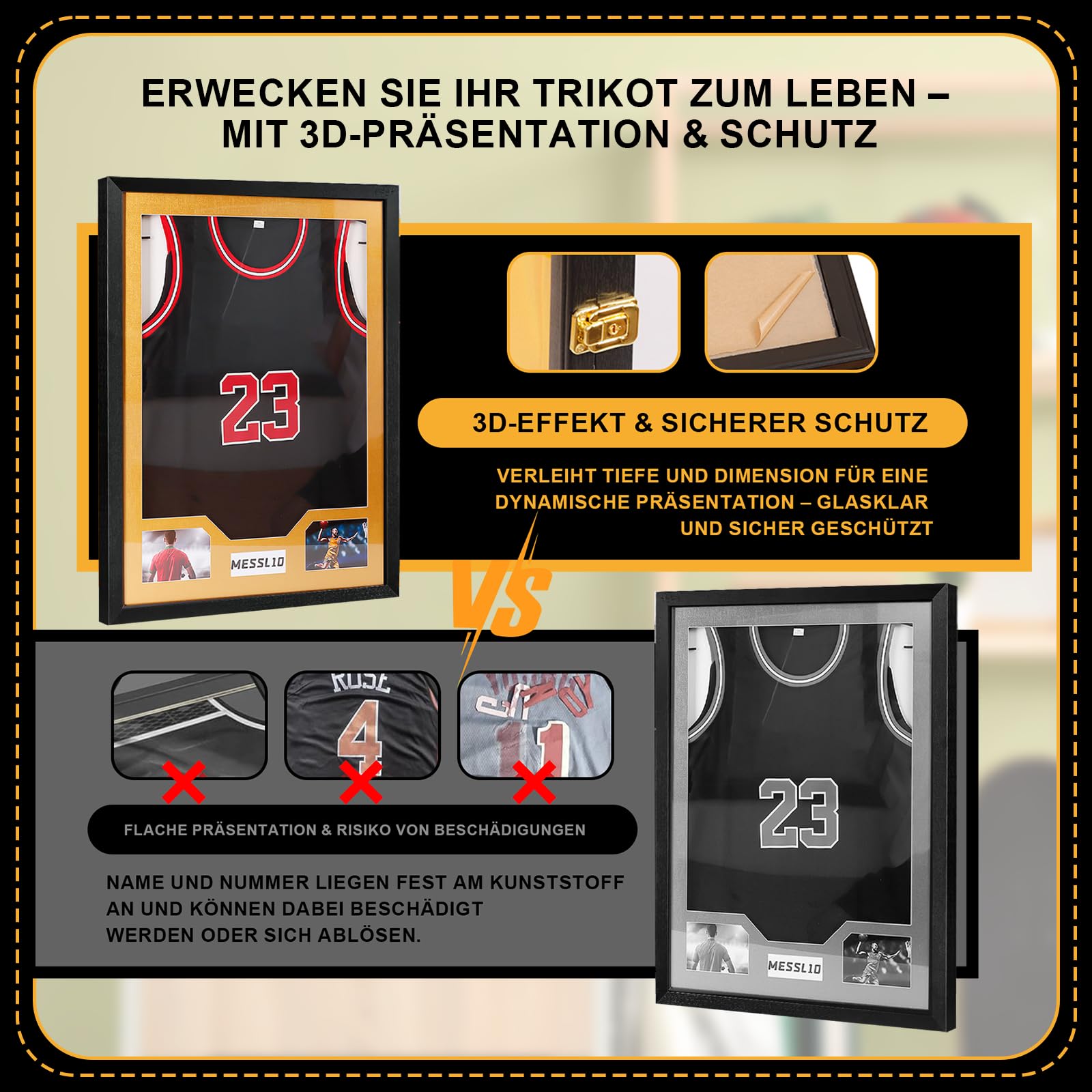 Trikotrahmen - Bilderrahmen für Trikot 3D Objektrahmen 60 x 80 cm, 3D Bilderrahmen zum Befüllen für Fußball Trikot NBA Trikot& Puzzle, mit Aufhänger, Tiefer Rahmen, Holz und Acrylglas, Schwarz