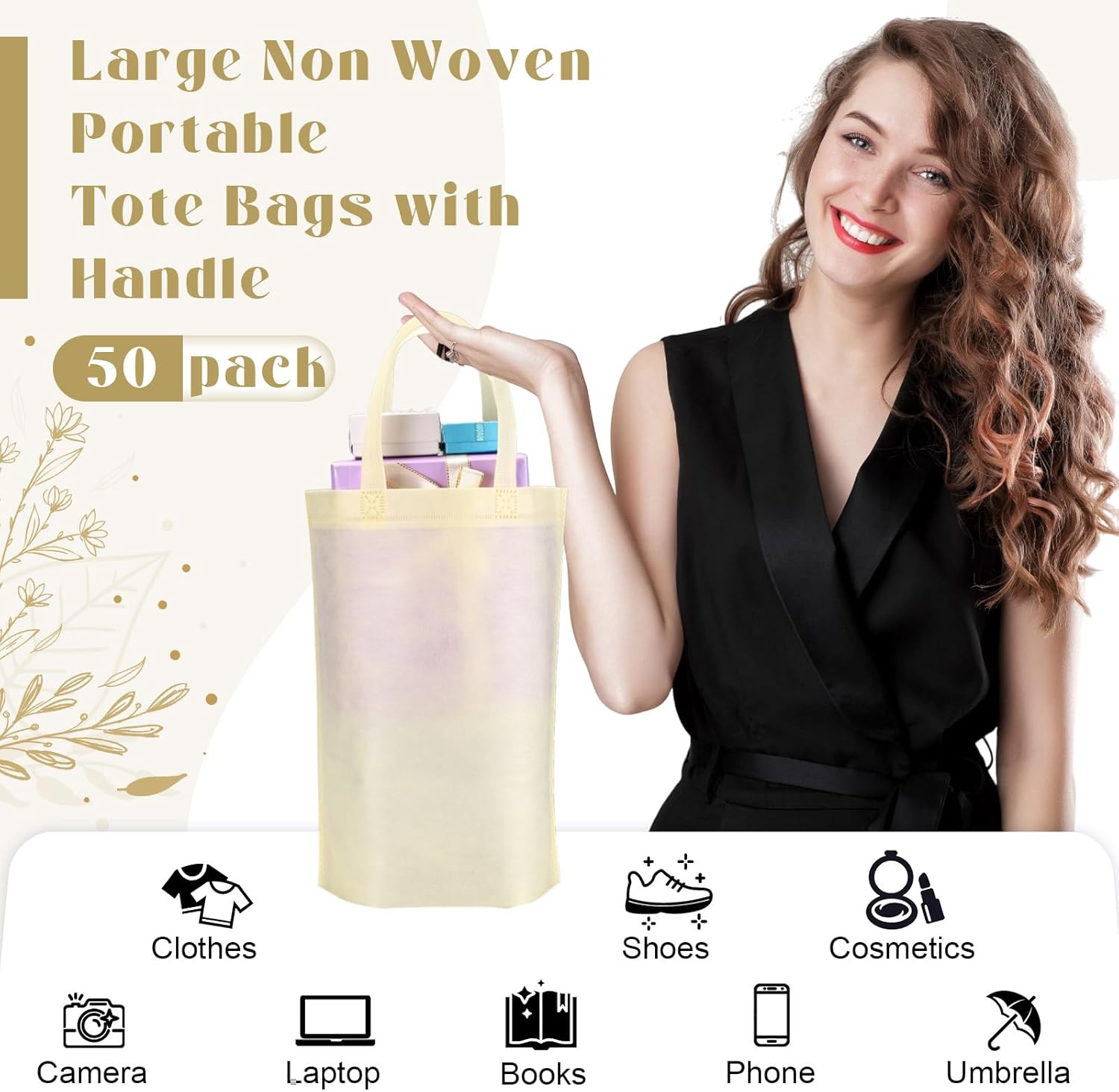 Windyun Reusable Grocery Bags Large Non Woven Shopping Bags with Handle Foldable Portable Tote Carryall Bulk 11.8x6x13.8 Inch - Image 2