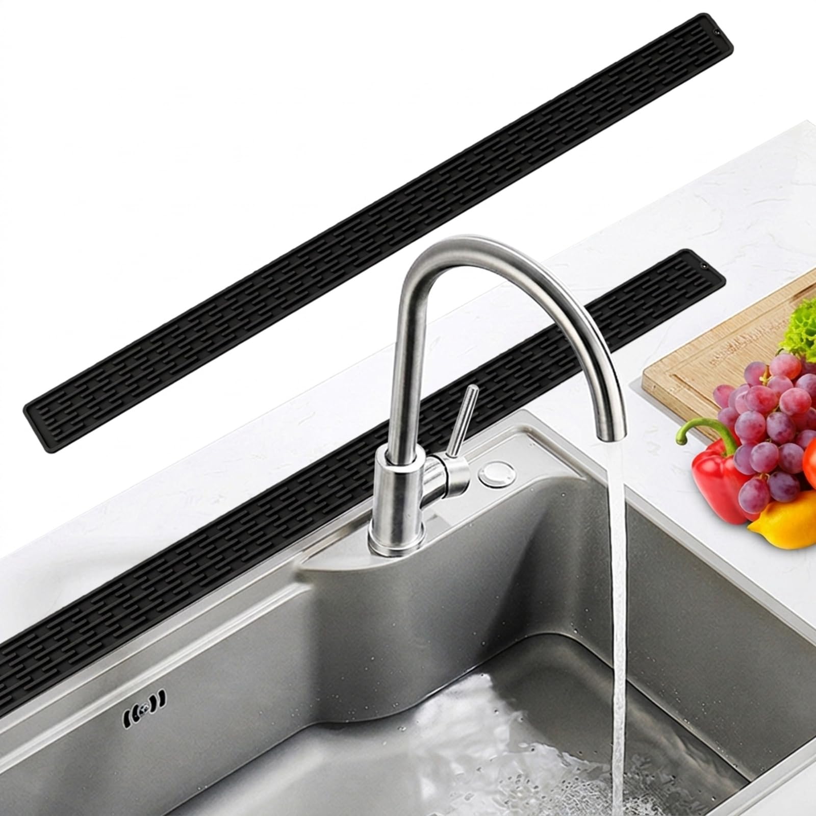 Bamyli Silicone Sink Splash Guard Mat 80 x 5.5 cm, Black Narrow Kitchen Faucet Draining Mat Around Tap, Extended Sink Protector Drainer Tray for Worktop, Bathroom, Utility Room and Bar