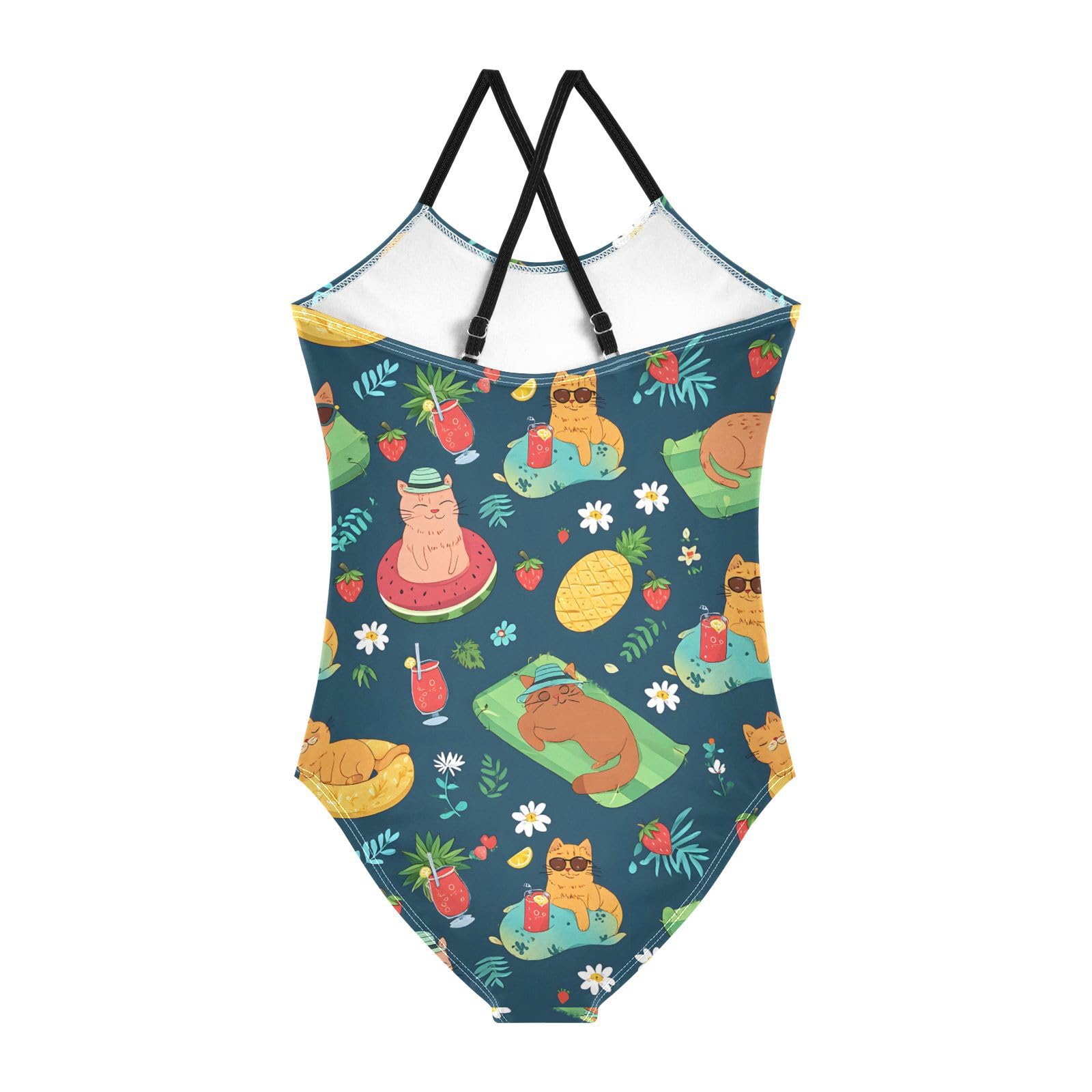 Summer Cat Pattern Girls Swimsuits Quick Dry Crossback One Piece Beach Swimwear Bathing Suit, 9-10T Multicoloured