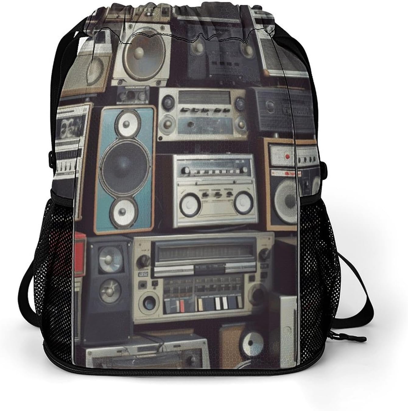 Swimming Gym Bag with Compartments,Vintage Wall of Radio Boombox_75800211 Print Fitness Backpack,women And Men Sport Drawstring Backpack, 45.5x41.5x36cm