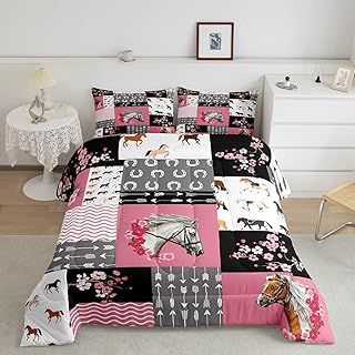 Girls Horse Comforter Set Cherry Blossom Galloping Horses Comforter Sakura Horse Bedding Set Pink Floral Farmhouse Room Decor Geometric Duvet Set Twin Size Quilt 2Pcs Boys