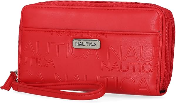 Nautica On The Double Zip Around Vegan Leather Womens RFID Clutch Wallet With Wristlet Strap, Fuego Red
