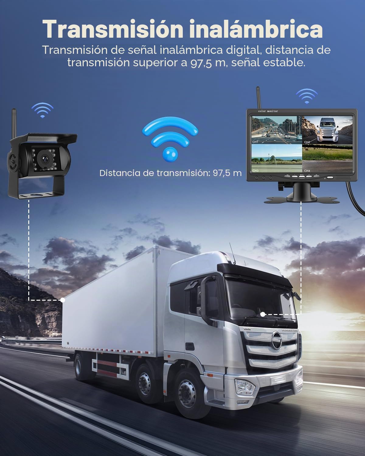 NHOPEEW Kit de cámara de Marcha atrás inalámbrica - Pantalla HD de 7 Pulgadas con cámara de Marcha atrás inalámbrica 1080P - Visión Nocturna Impermeable IP68 para Camiones, remolques, autobuses