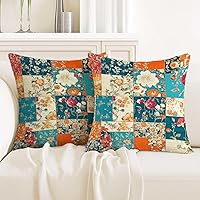 ZwenPdoe Floral Patchwork Throw Pillow Covers 18x18 Set of 2 - Vintage Farmhouse Decor with Hidden Zipper for Sofa Couch Bedroom
