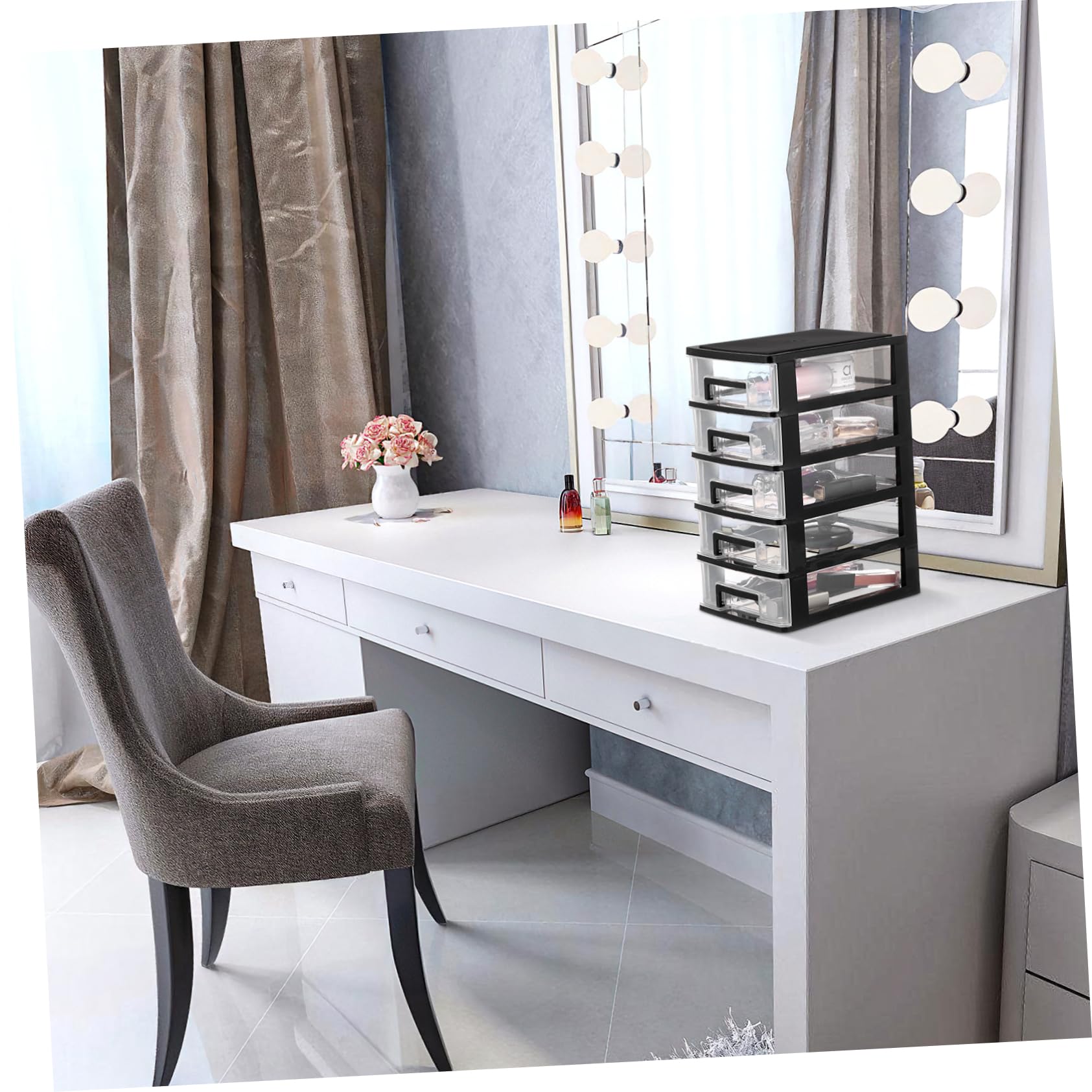 ULTECHNOVO Cassettiera da Scrivania e Design Pratico in Plastica 5 Cassetti Trasparenti Organizer per Cosmetici e Make-up Grande Capacità per Ufficio e Desktop
