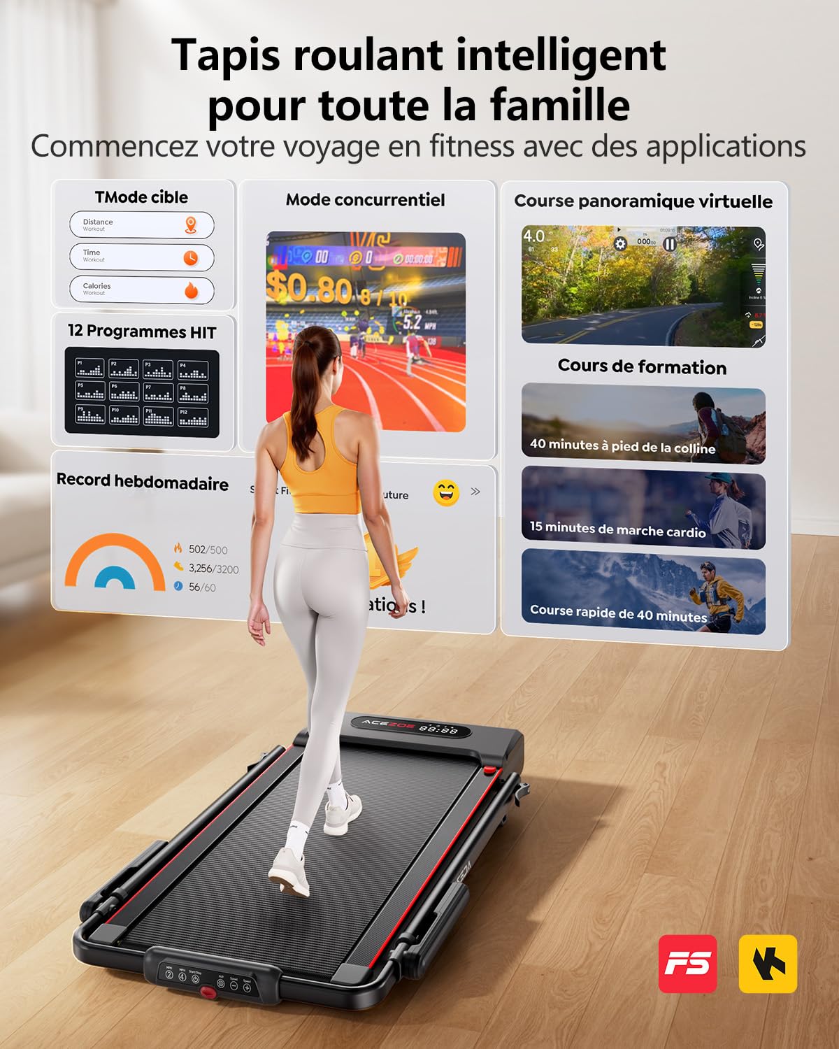 Acezoe Tapis de Marche Pliable avec Tablette, Tapis de Course | Inclinable 10% et Vitesse 12 km/h, Walking Pad Moteur 2.5 HP, Écran LED, Télécommande, 136KG pour Maison/Bureau