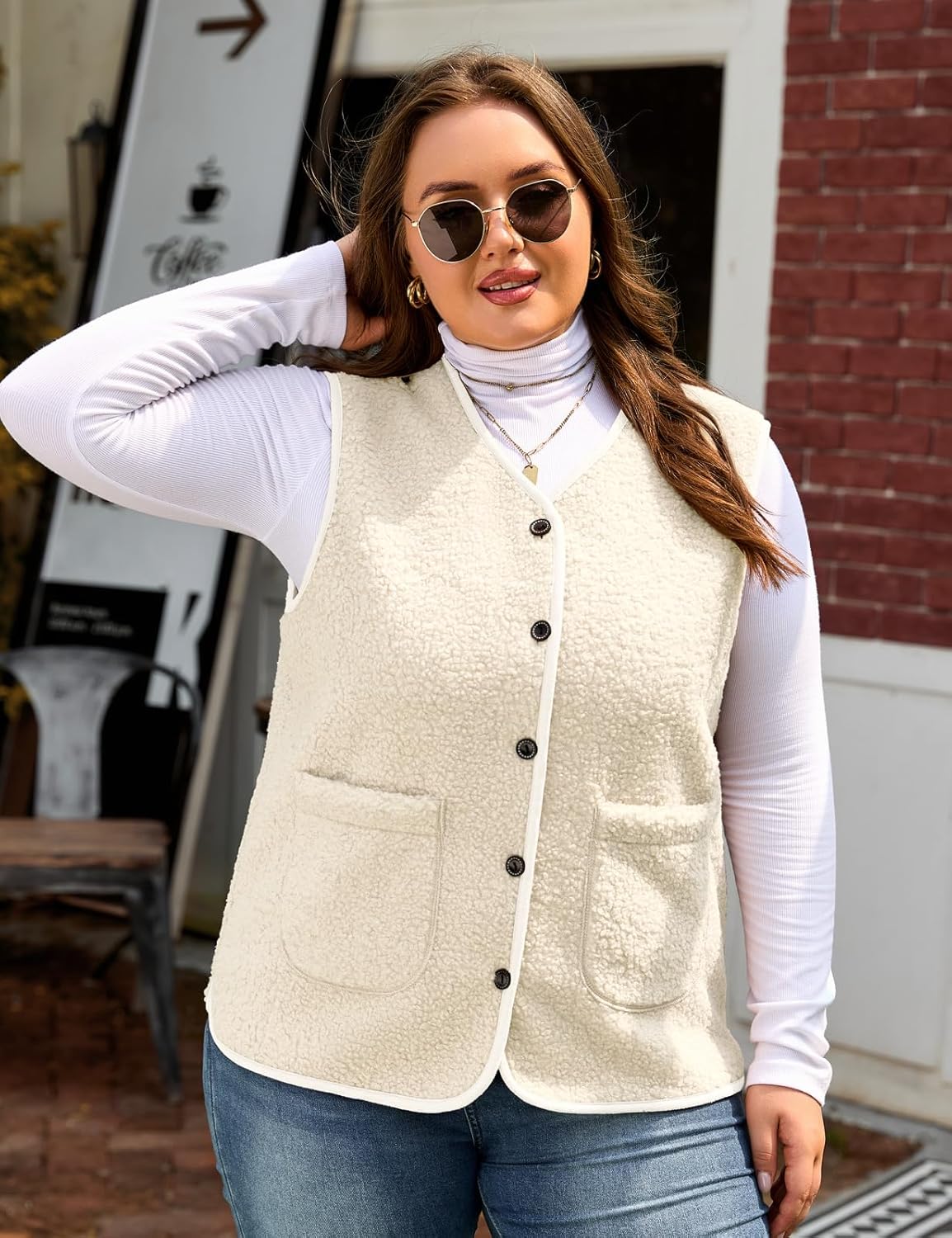 Yuson Girl Damesvest, mouwloos, fleecejas, winter, warm, bont, knoop, jas, grote maat, chique, warm, waistcoat, kort, elegant, sherpa-vesten, molton, jassen met zakken, Beige, 4XL grote maten