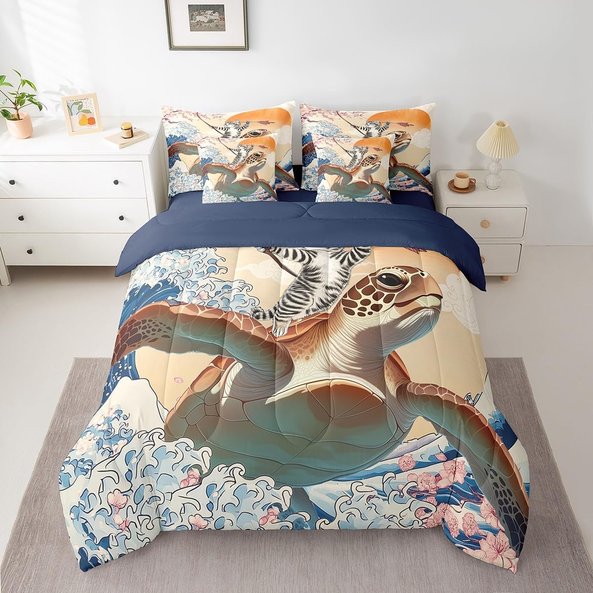 Funny Queen Comforter Set 7 Pieces for Kids Boys Girls Cat Riding Sea Turtle Bedding Comforter Sets, Japanese Cherry Blossoms Bed in a Bag Ocean Animal Wildlife Bedding Set, Sea Wave Bed Sheets Set