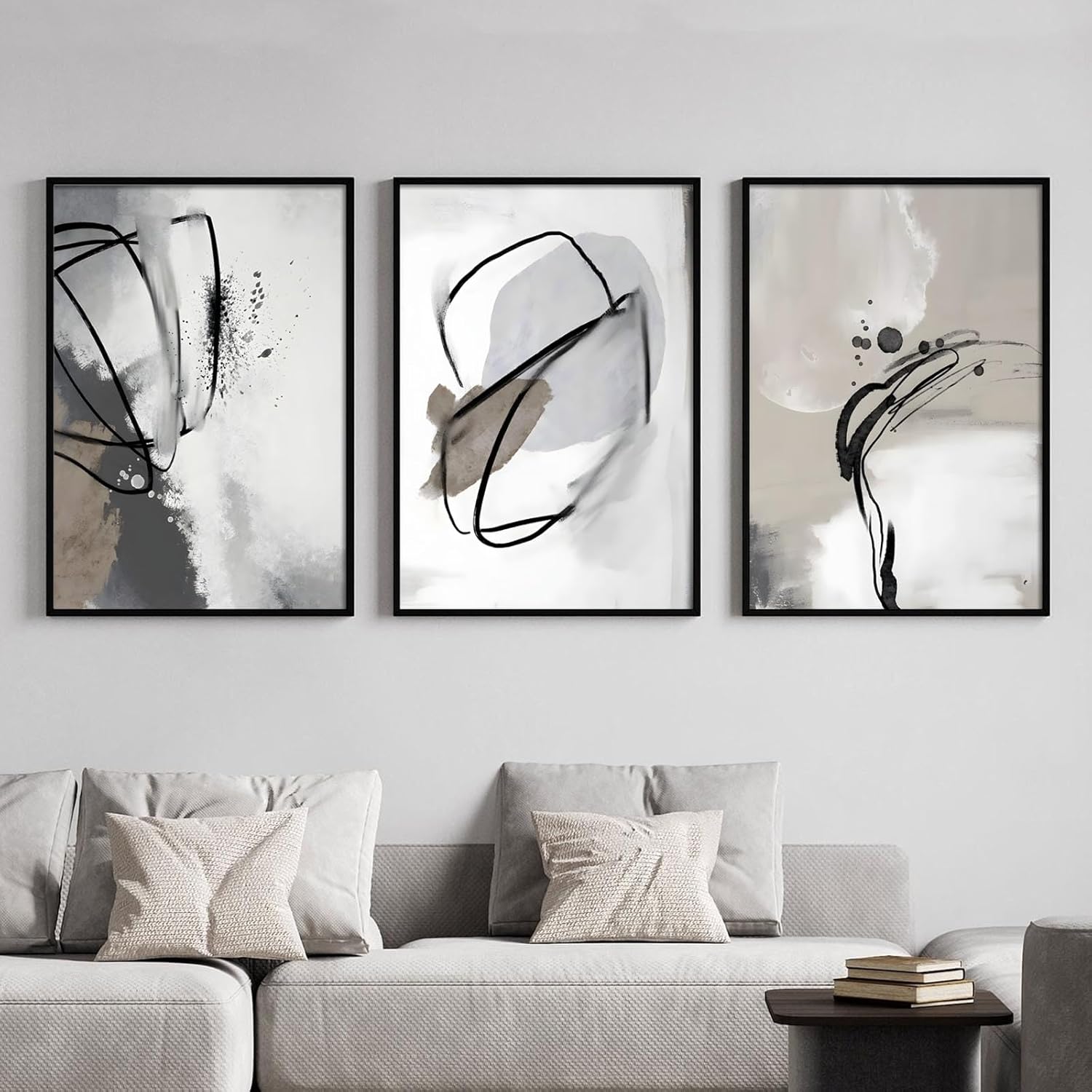Gray Beige Abstract Wall Art Black Ink Lines Black White