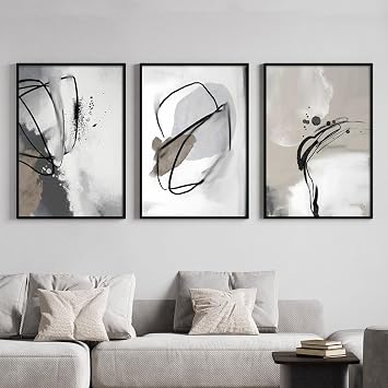 Gray Beige Abstract Wall Art Black Ink Lines Black White Grey Black and Grey Picture Black Beige Grey Wall Art Abstract Geometric Painting Abstract Watercolor Prints for Living Room 16x24inx3 No Frame