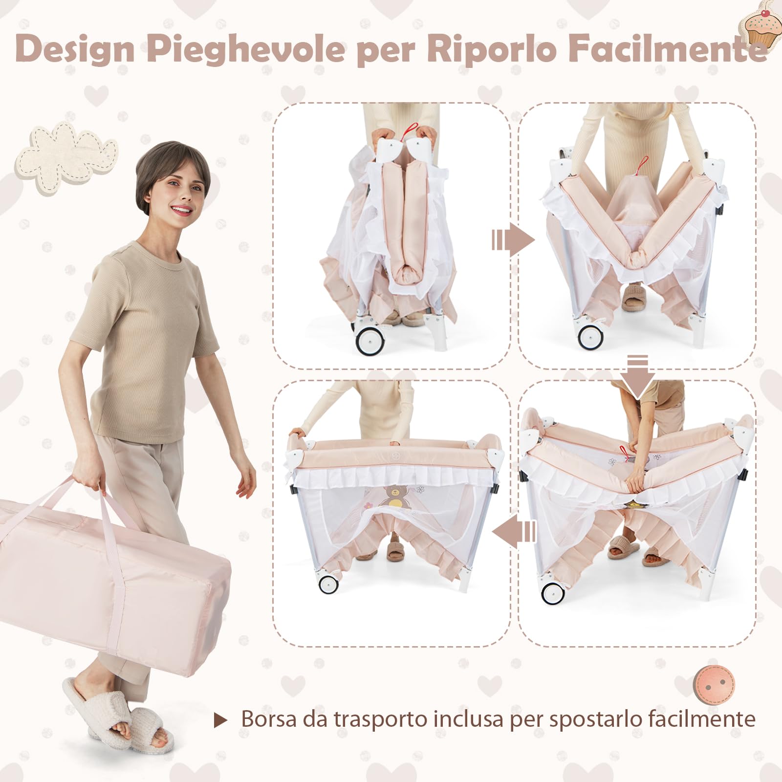RELAX4LIFE Lettino da Campeggio con Lusso Baldacchino Zanzariera, Culla Neonato Fianco Letto con Materasso e Carillon, Ruote Bloccabili, per Bambini 0-36 Mesi (Rosa)