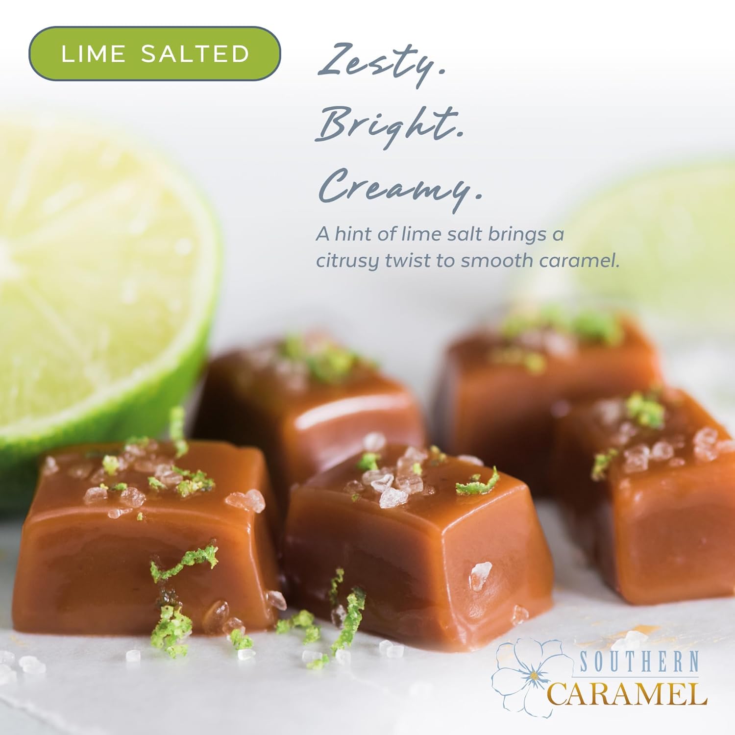 Southern Caramel Lime Salted Caramels, Soft Buttery Gourmet Caramel Candy Finished with House-Made Lime Salt, Handcrafted, Small Batch, Gluten Free, No Corn Syrup, Wrapped Pieces, Gift Ready, 8 oz (Pack of 1)