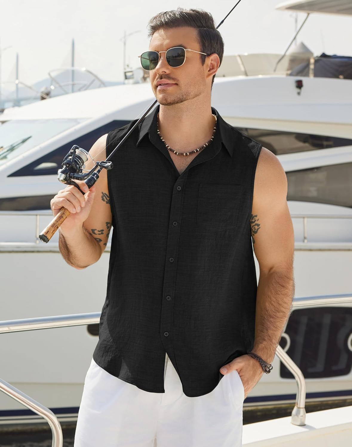 COOFANDY Men's Sleeveless Beach Shirts Summer Button Up Tank Tops Casual Textured Tank Shirt - Image 3