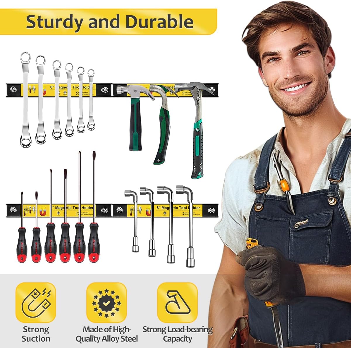 8” Magnetic Tool Holder with Screws, 4 Pack Magnetic Strips Heavy Duty Tool Magnet Bar, Storage Organizer Magnetic Rail Magnetic Tool Bar for Garage Wall Workbench Screwdriver