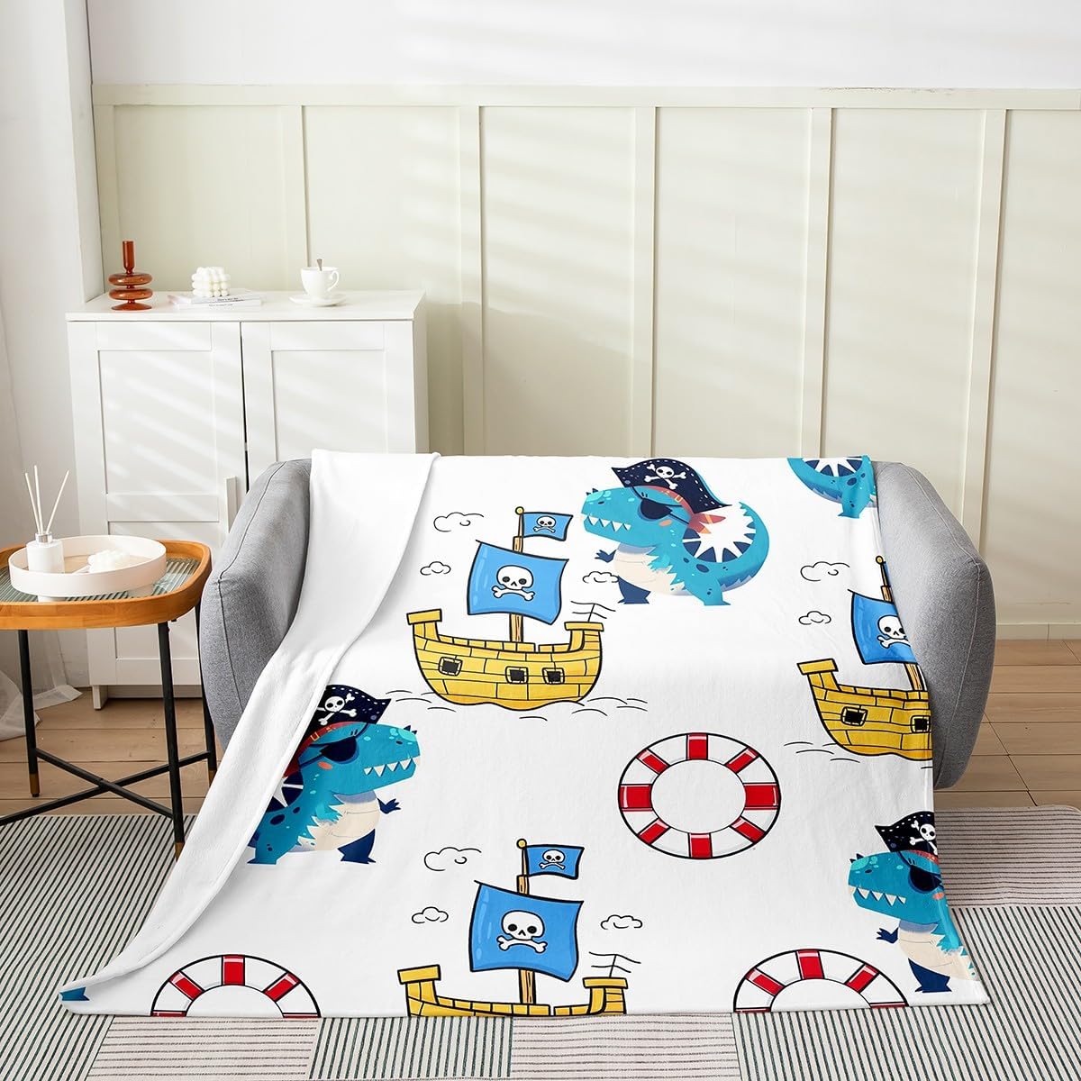 Dinosaur Captain Flannel Blanket Queen 90"x90" Warm Lightweight,Boys Nautical Ship Dino Flannel Sherpa Blanket,Kawaii Animals Watercolor Ocean Adventure Breathable Flannel Plush Blanket Room Decor