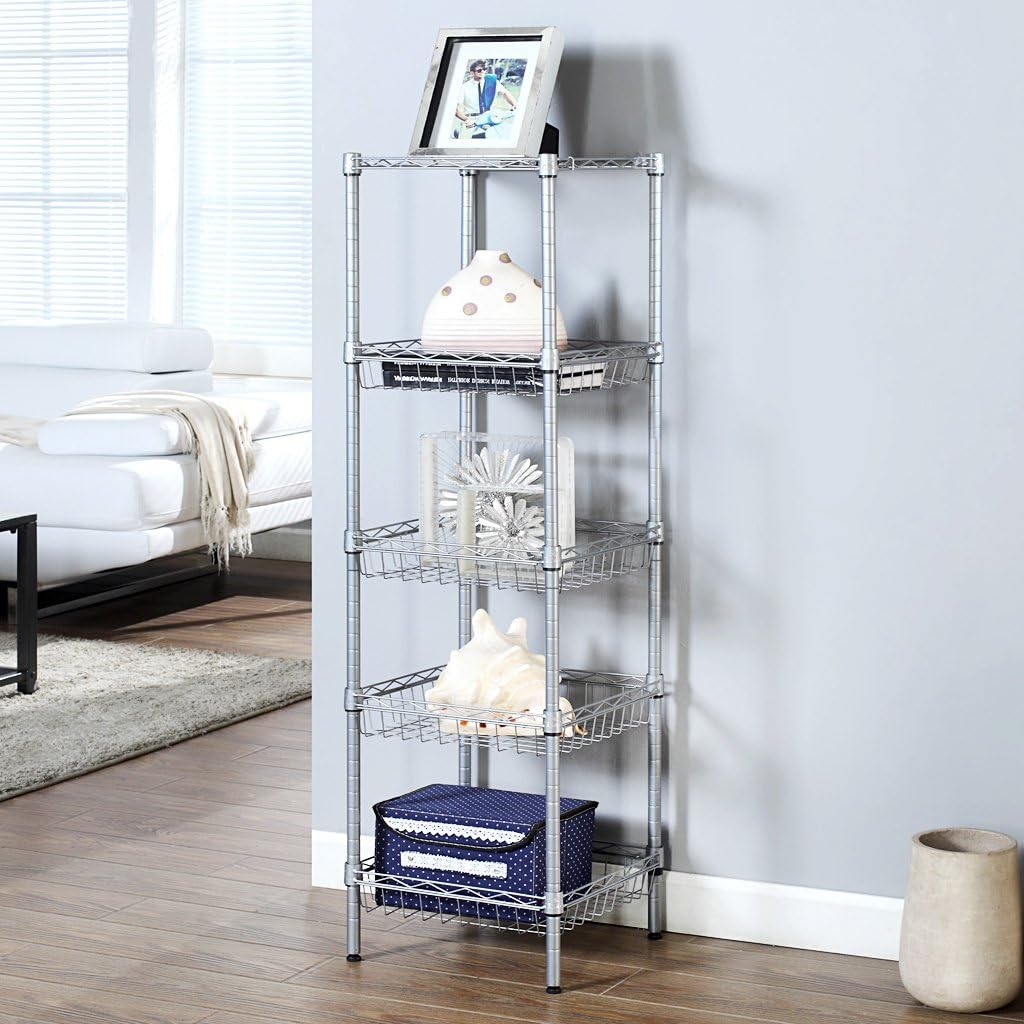 LANGRIA 5-Tier Bathroom Shelving Supreme Shelving Units, Storage Rack Corner Shelf Organization Utility Rack for Home Kitchen Living Room Bedroom Laundry Office, 165 lbs Capacity, Silver