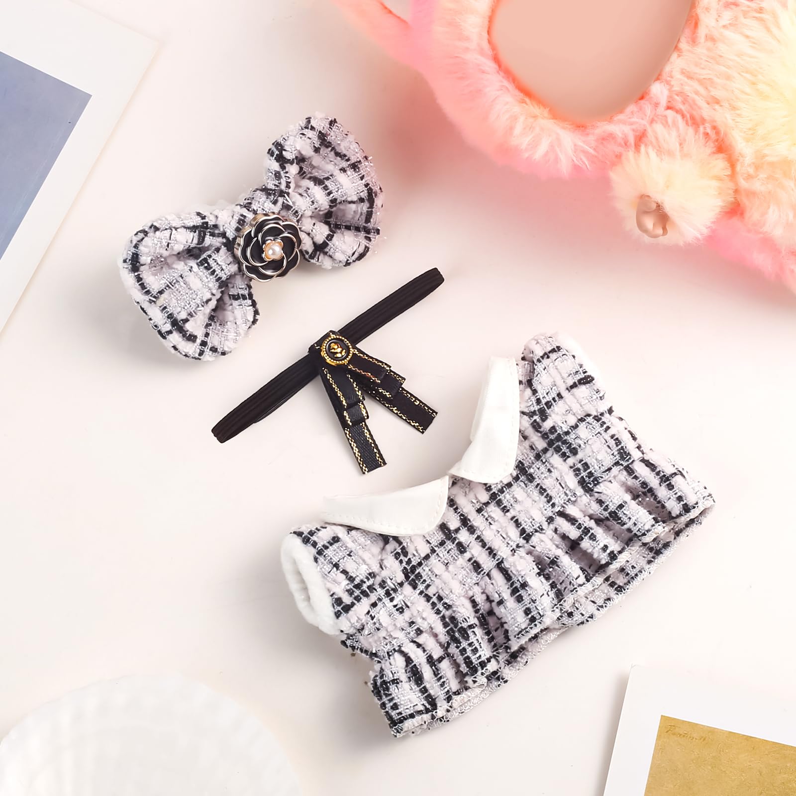 Chritice 3PCS Doll Clothes for Doll,Compatible with Labubu,Cute Vinyl Plush Toy Outfit Set Accessories for 17CM Dolls,1 Bow,Tie & Dress,No Dolls - Image 3