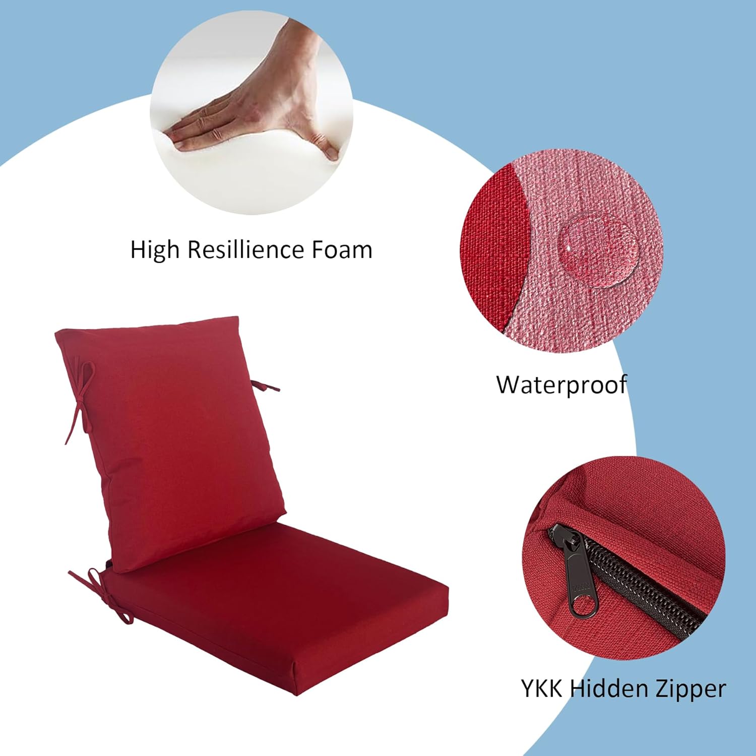 COZYVIDA Outdoor Seat Cushion, Set of 1, 20" x 42",Water-Proof, UV-Resistant 1000+ Hrs, 30D Foam with Recycled Fiber Fill, YKK Zippers, Chili-TPU