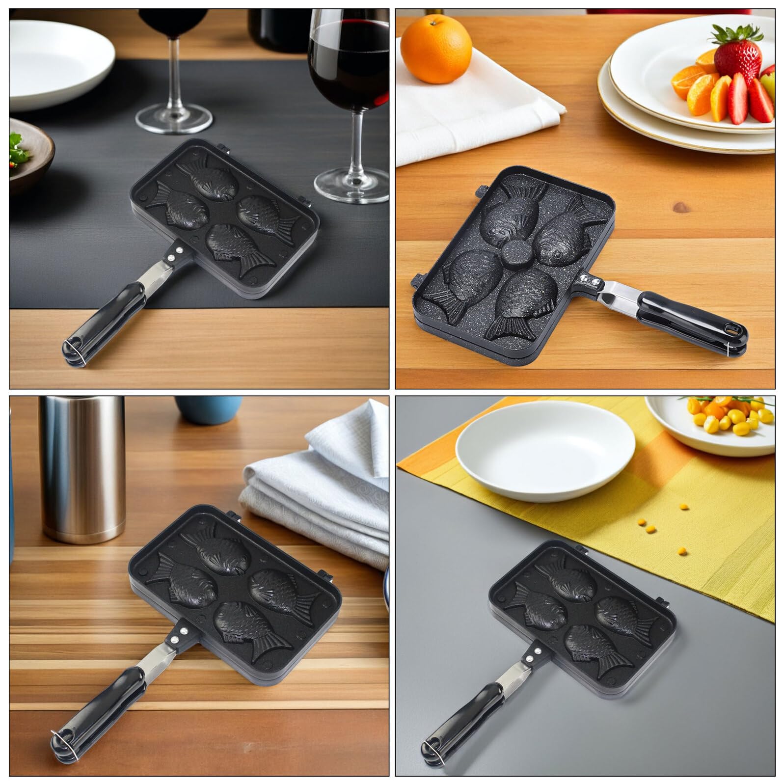 Molde para Pastel de Pescado con 4 Rejillas, Aluminio Negro | Doble Cara y Mango Largo, para Repostería y Cocina de Postres, Uso Cómodo y Limpieza Sencilla
