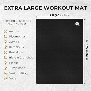 Fit Active Sports Oversized 6 x 4 Extra Large Workout Mat with Carry Bag & Straps Heavy-Duty, Non-Slip Exercise & Equipment Large Mat for Home Gyms, Lifting & Training, Roll-Up | Black