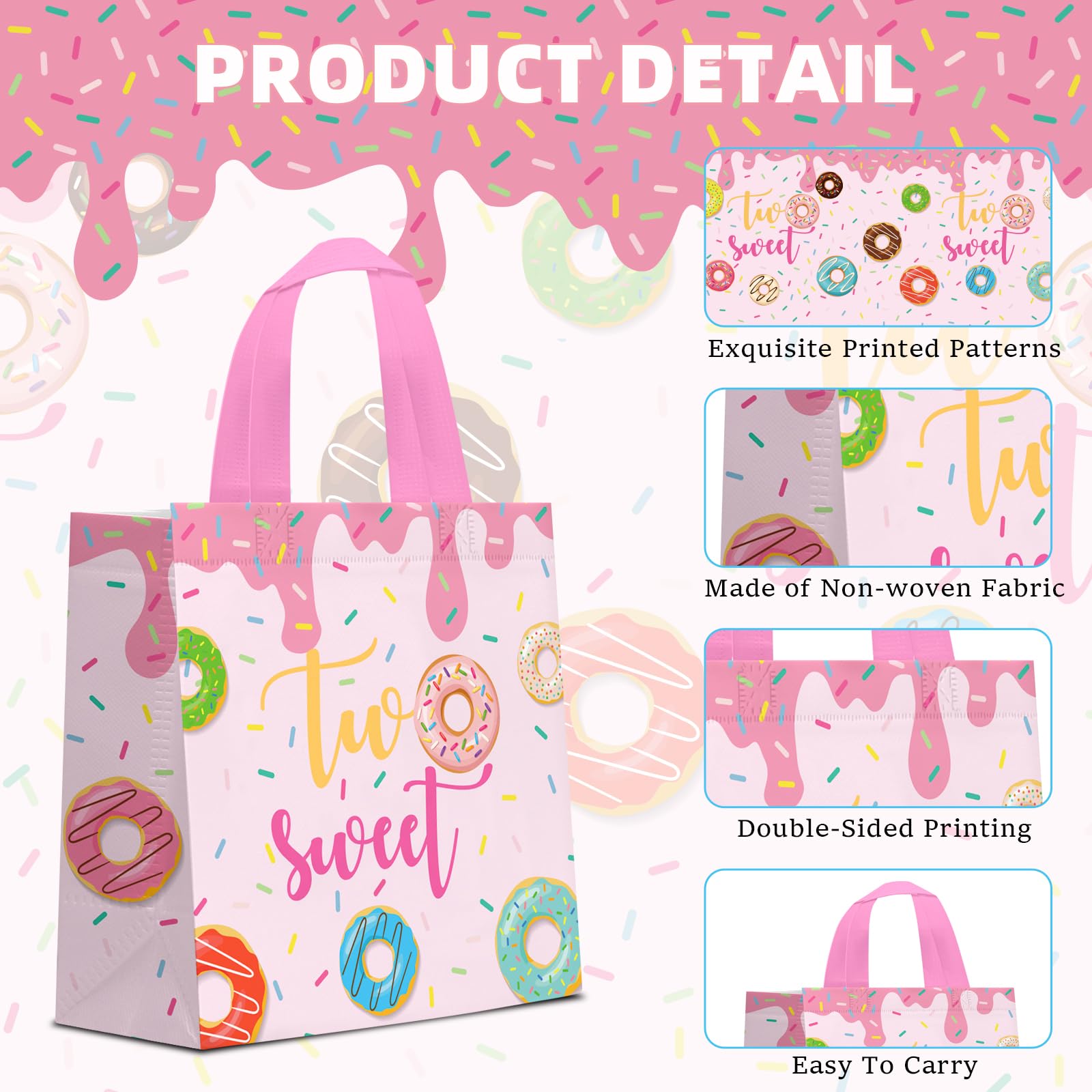 KERINGO 24 PCS Two Sweet Goodie Bags for Two Sweet Birthday Party Supplies Donut Party Favor Bags Donut Non Woven Candy Goodie Treat Bags for Two Sweet Party Favors Kids