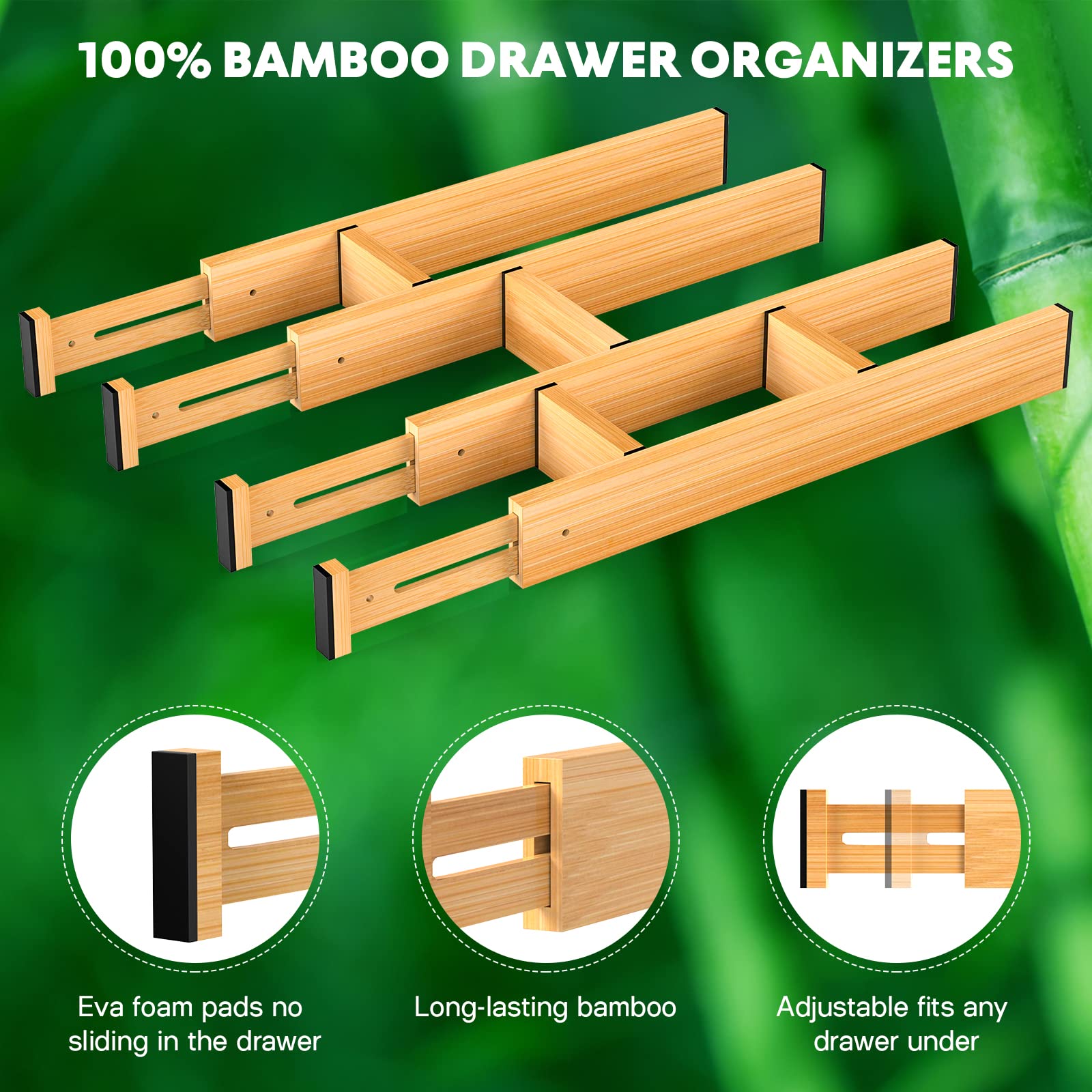VaeFae Divisori per Cassetti in Bambù Regolabili, 3 Pezzi Separatori per Cassetti, Estensibili da 30,2 cm a 43,5 cm,Organizer Armadio o Cucina, Letto, Bagno,ufficio