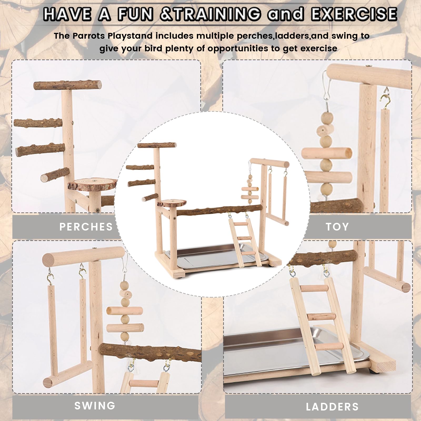 Parco Giochi In Legno Per Pappagalli Con Specchio, Altalena, Scale, Mangiatoia E Vassoio – Per Pappagallini E Uccelli Medi (37,5x23x42 Cm)